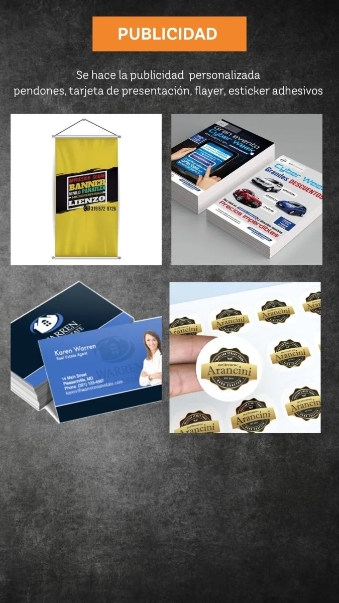 Pendones, tarjetas de publicidad y stiker adhesivos
